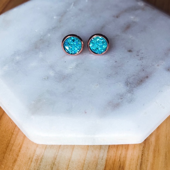 Tayzani Jewelry - Rose Gold & Aqua Dainty Round Druzy Post Stud NEW